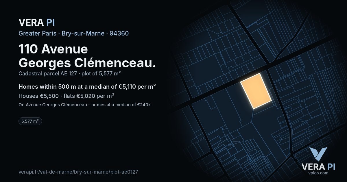 110 Avenue Georges Clémenceau, Bry-sur-Marne at night – the plot lit, the parcels around coloured by the prices near them