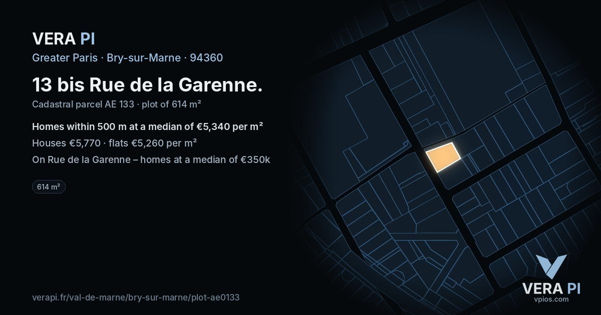 13 bis Rue de la Garenne, Bry-sur-Marne at night – the plot lit, the parcels around coloured by the prices near them