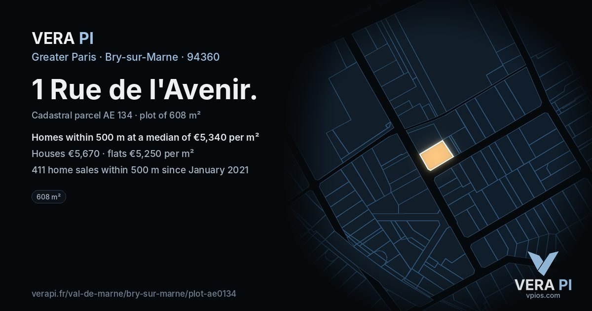 1 Rue de l'Avenir, Bry-sur-Marne at night – the plot lit, the parcels around coloured by the prices near them