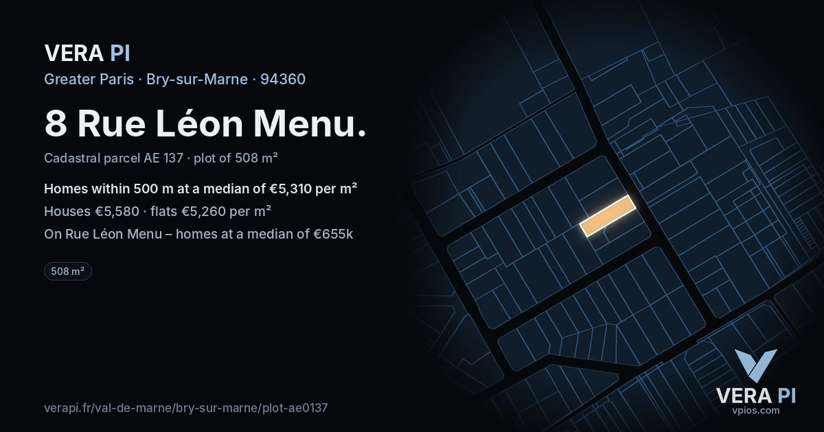 8 Rue Léon Menu, Bry-sur-Marne at night – the plot lit, the parcels around coloured by the prices near them