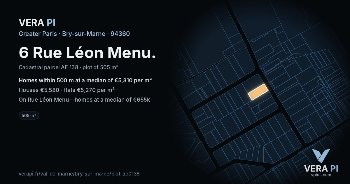 6 Rue Léon Menu, Bry-sur-Marne at night – the plot lit, the parcels around coloured by the prices near them
