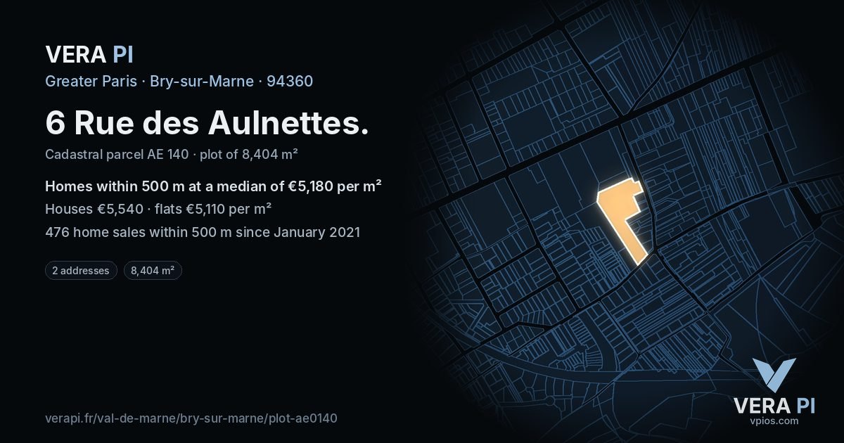 6 Rue des Aulnettes, Bry-sur-Marne at night – the plot lit, the parcels around coloured by the prices near them