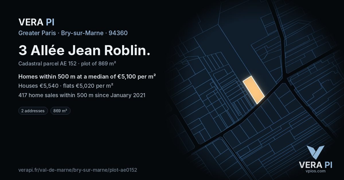 3 Allée Jean Roblin, Bry-sur-Marne at night – the plot lit, the parcels around coloured by the prices near them