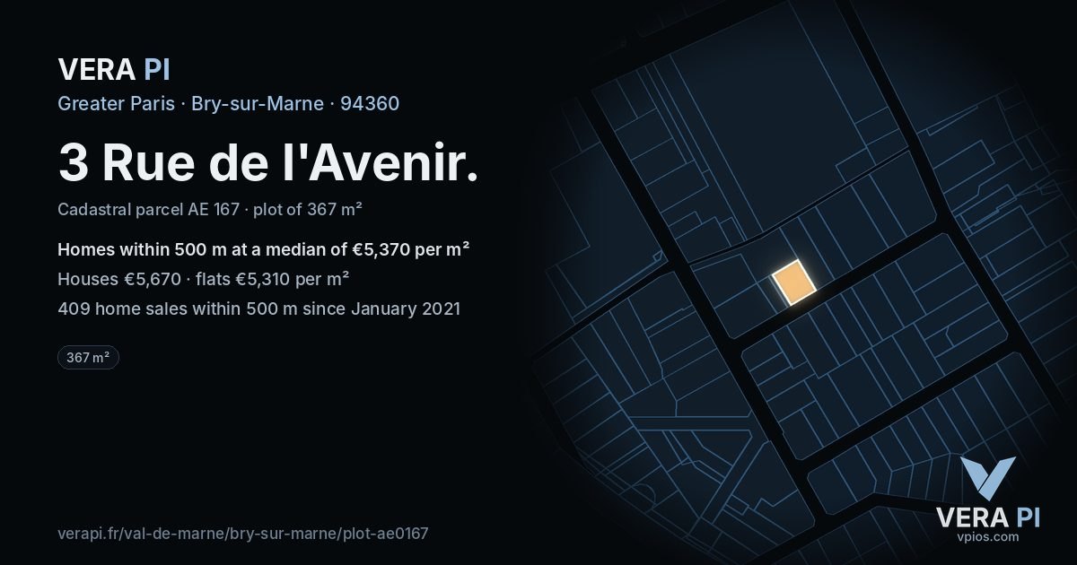 3 Rue de l'Avenir, Bry-sur-Marne at night – the plot lit, the parcels around coloured by the prices near them