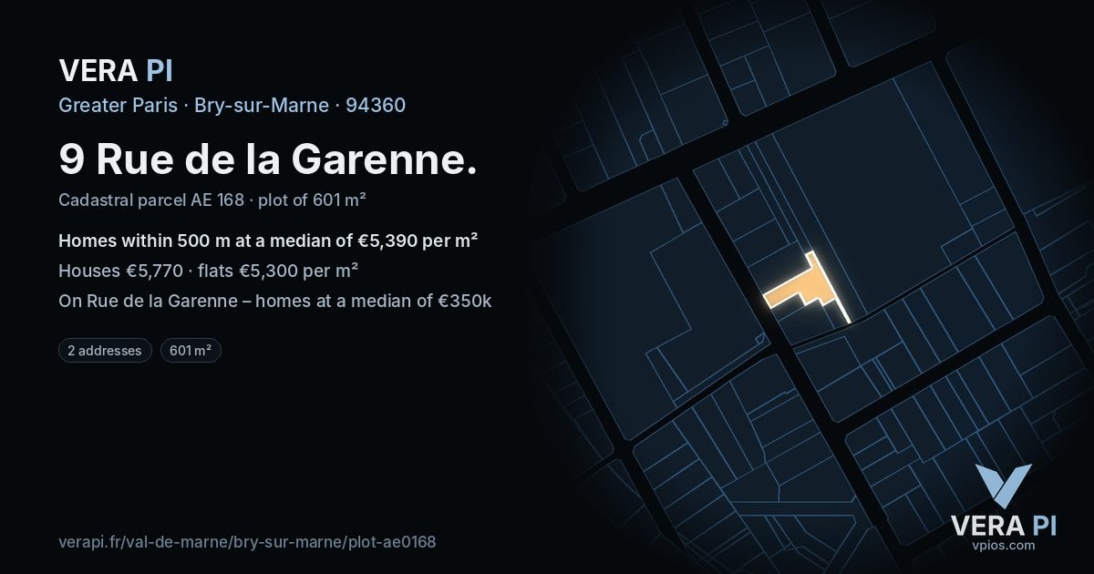 9 Rue de la Garenne, Bry-sur-Marne at night – the plot lit, the parcels around coloured by the prices near them