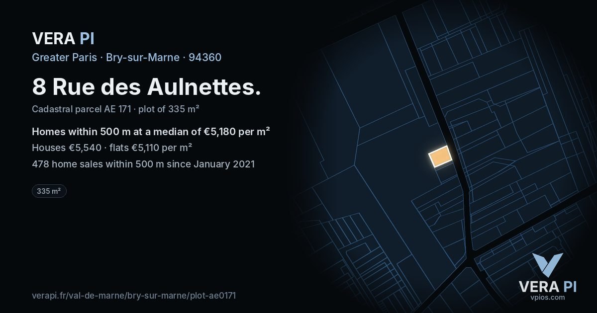 8 Rue des Aulnettes, Bry-sur-Marne at night – the plot lit, the parcels around coloured by the prices near them
