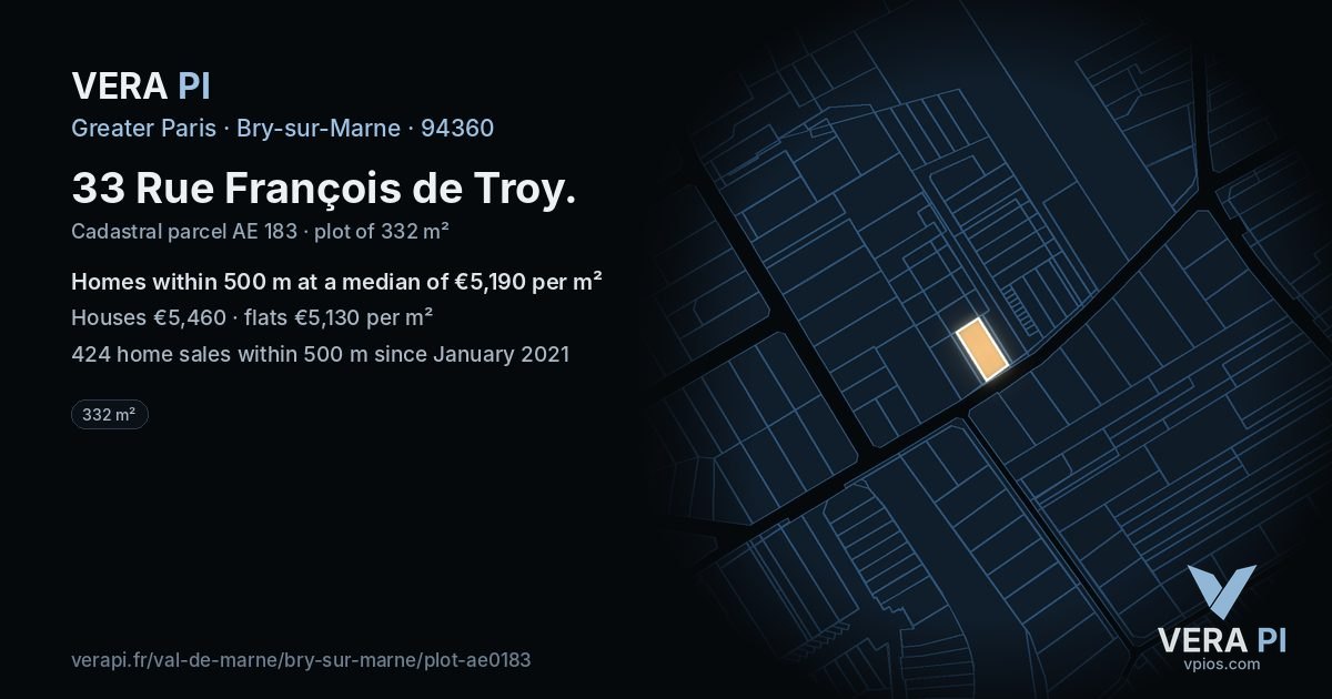 33 Rue François de Troy, Bry-sur-Marne at night – the plot lit, the parcels around coloured by the prices near them