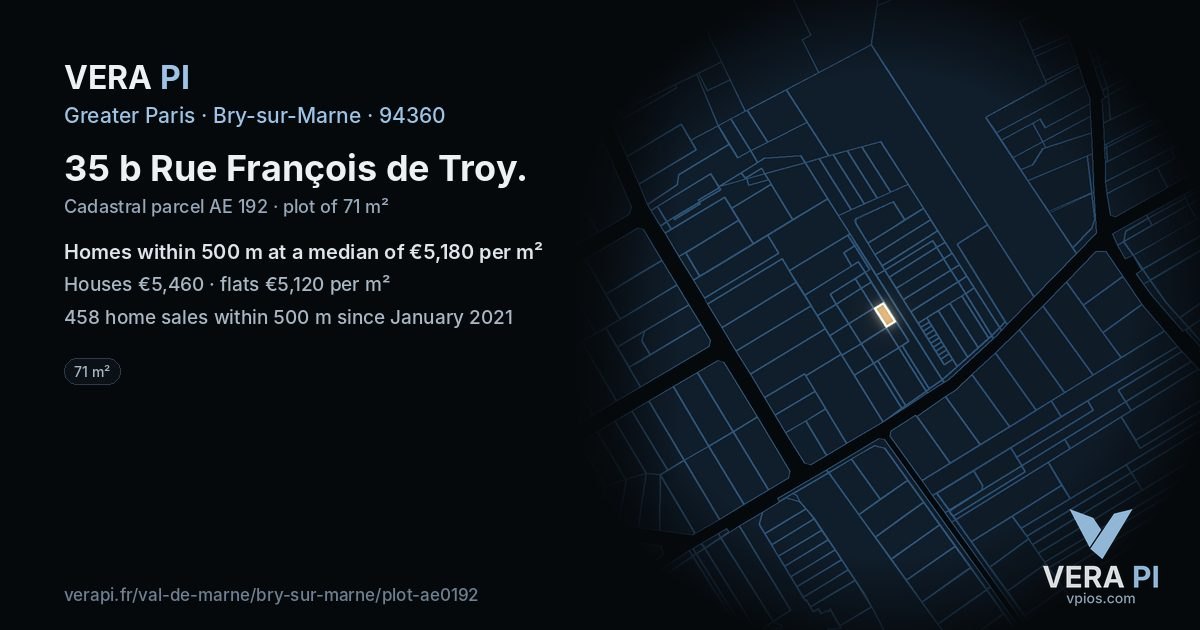 35 b Rue François de Troy, Bry-sur-Marne at night – the plot lit, the parcels around coloured by the prices near them