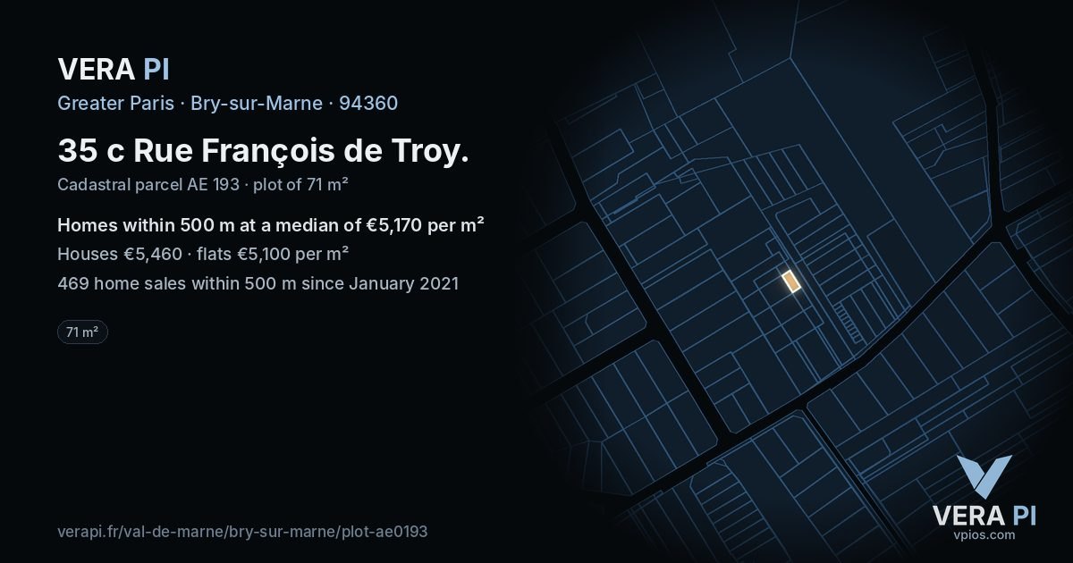 35 c Rue François de Troy, Bry-sur-Marne at night – the plot lit, the parcels around coloured by the prices near them