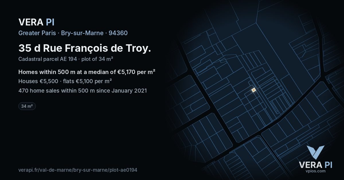 35 d Rue François de Troy, Bry-sur-Marne at night – the plot lit, the parcels around coloured by the prices near them