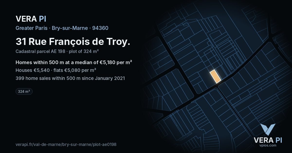 31 Rue François de Troy, Bry-sur-Marne at night – the plot lit, the parcels around coloured by the prices near them
