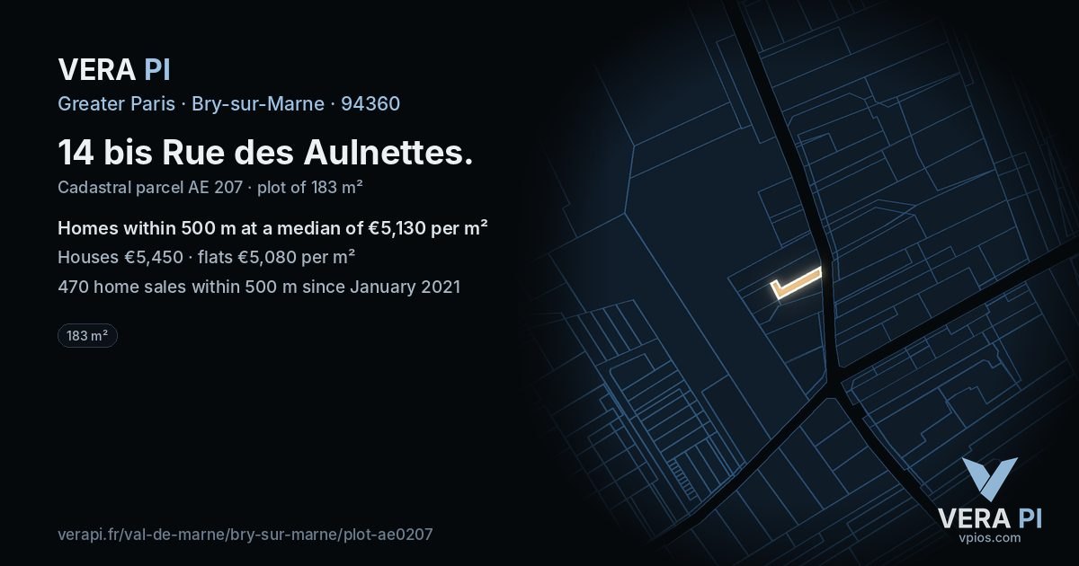 14 bis Rue des Aulnettes, Bry-sur-Marne at night – the plot lit, the parcels around coloured by the prices near them