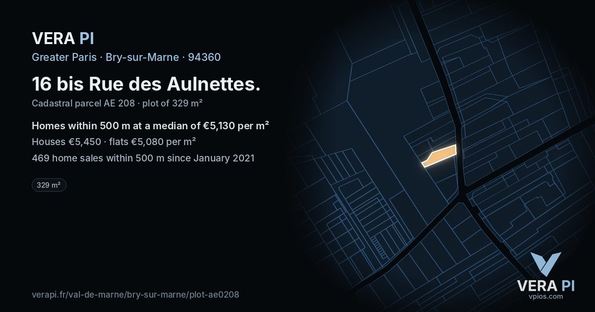 16 bis Rue des Aulnettes, Bry-sur-Marne at night – the plot lit, the parcels around coloured by the prices near them