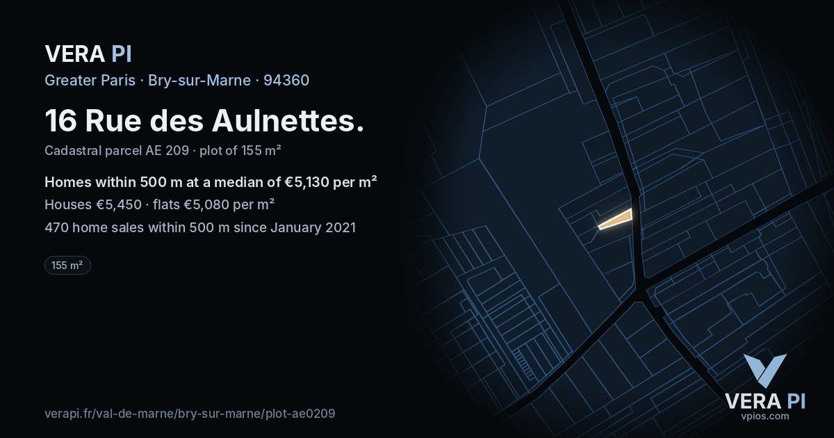 16 Rue des Aulnettes, Bry-sur-Marne at night – the plot lit, the parcels around coloured by the prices near them