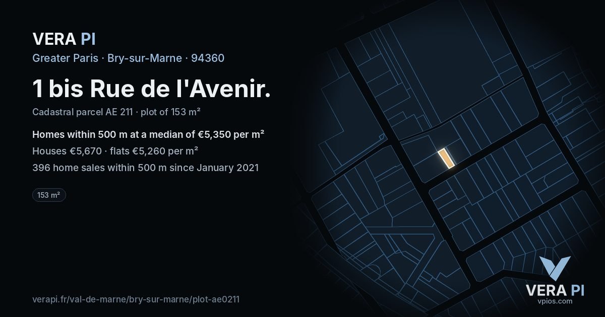 1 bis Rue de l'Avenir, Bry-sur-Marne at night – the plot lit, the parcels around coloured by the prices near them