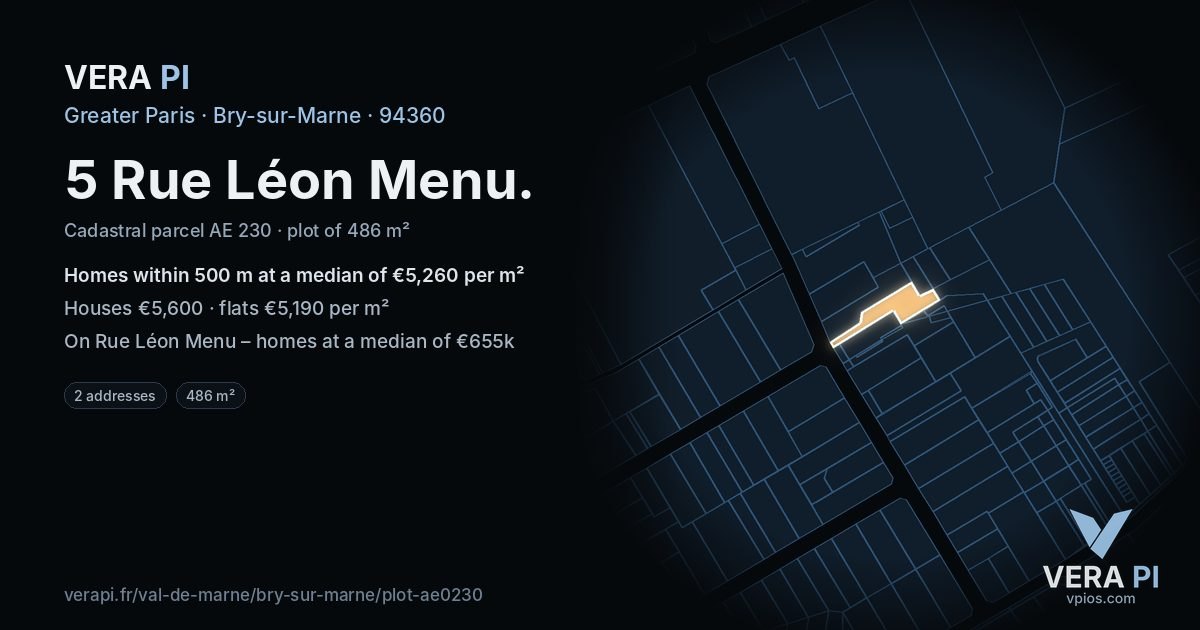 5 Rue Léon Menu, Bry-sur-Marne at night – the plot lit, the parcels around coloured by the prices near them