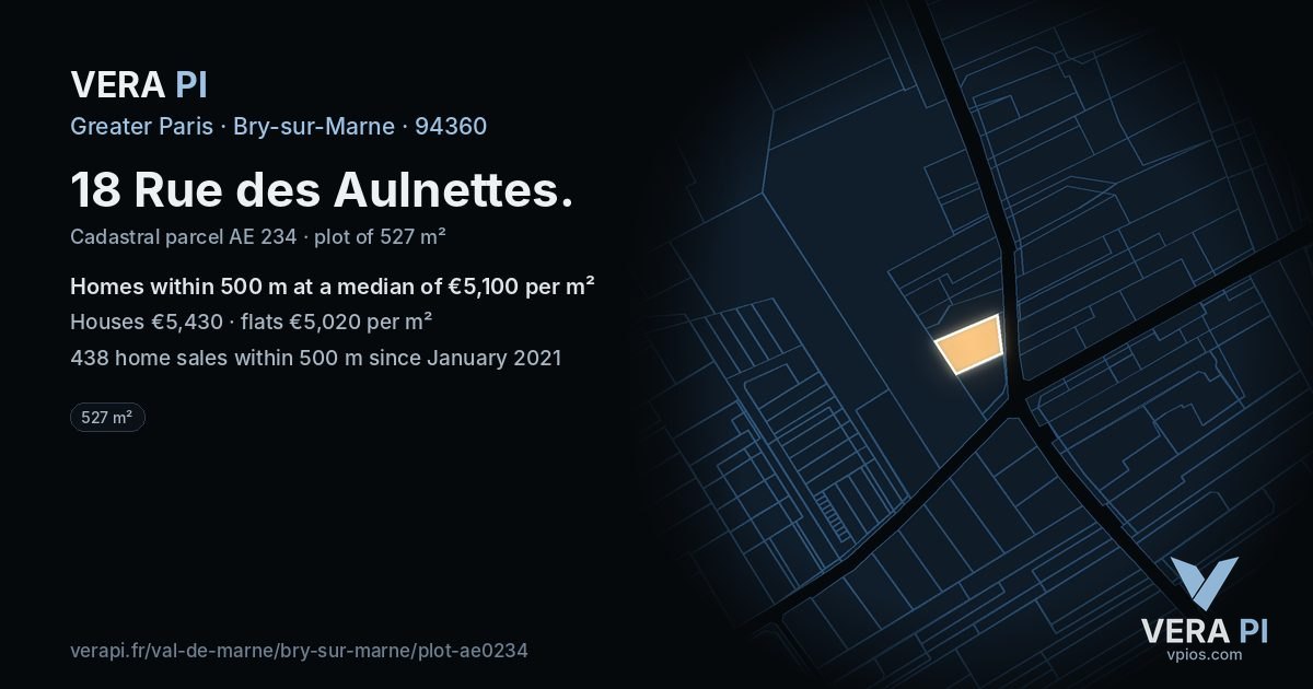 18 Rue des Aulnettes, Bry-sur-Marne at night – the plot lit, the parcels around coloured by the prices near them
