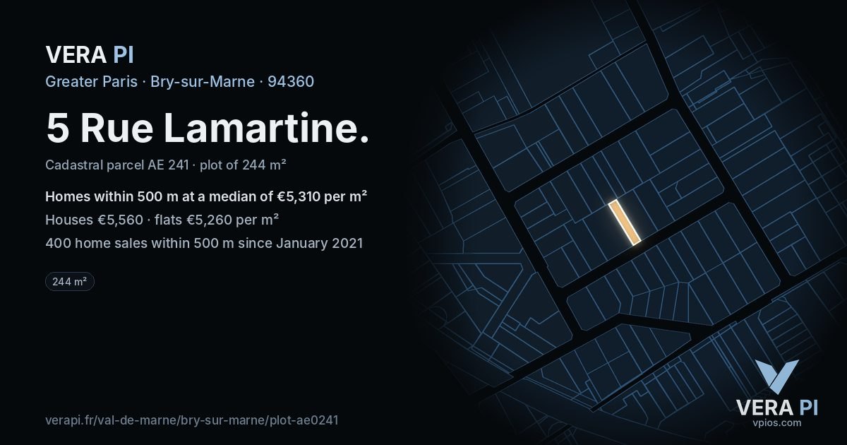 5 Rue Lamartine, Bry-sur-Marne at night – the plot lit, the parcels around coloured by the prices near them
