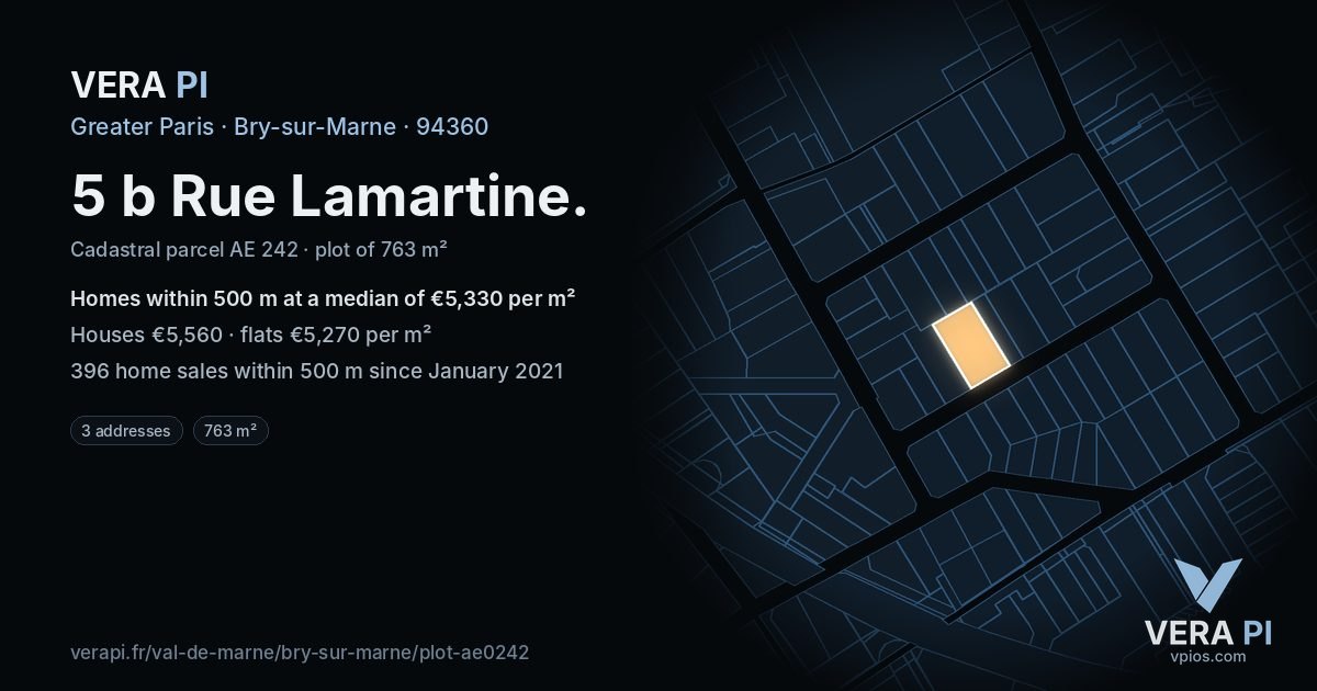 5 b Rue Lamartine, Bry-sur-Marne at night – the plot lit, the parcels around coloured by the prices near them