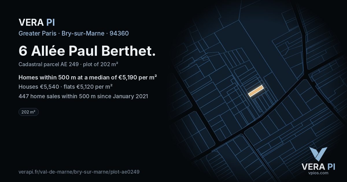 6 Allée Paul Berthet, Bry-sur-Marne at night – the plot lit, the parcels around coloured by the prices near them