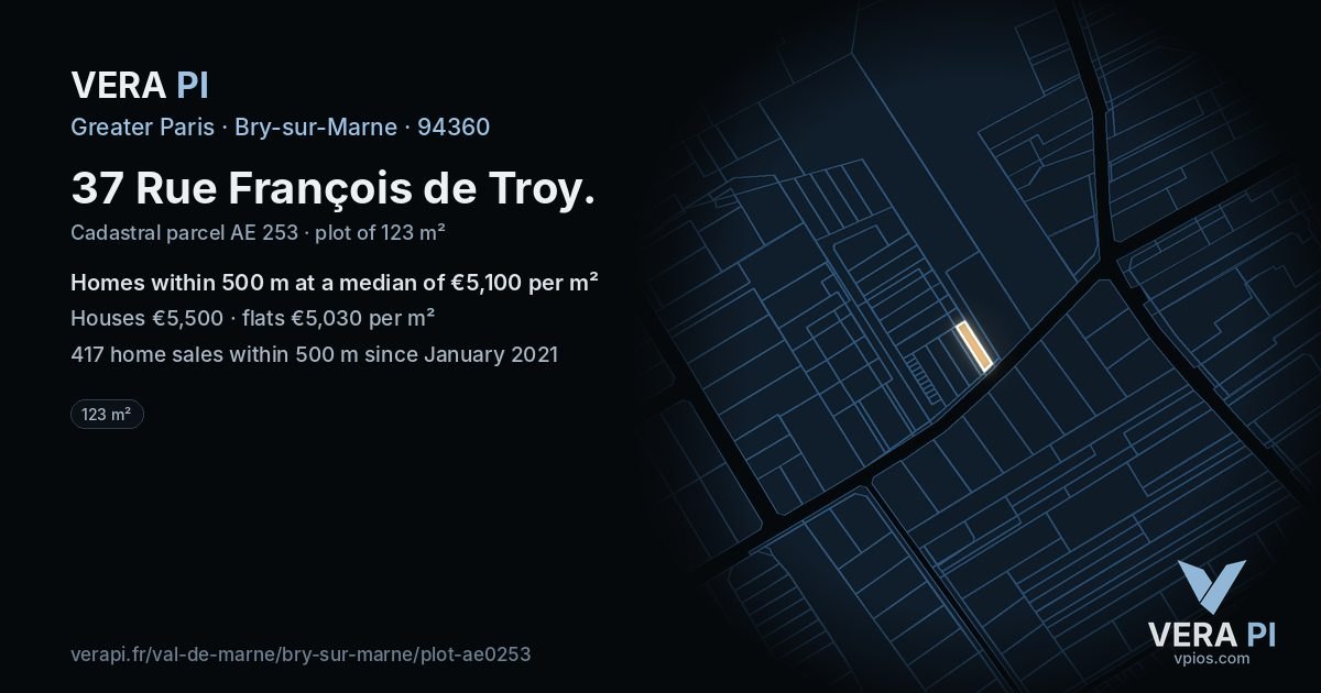 37 Rue François de Troy, Bry-sur-Marne at night – the plot lit, the parcels around coloured by the prices near them