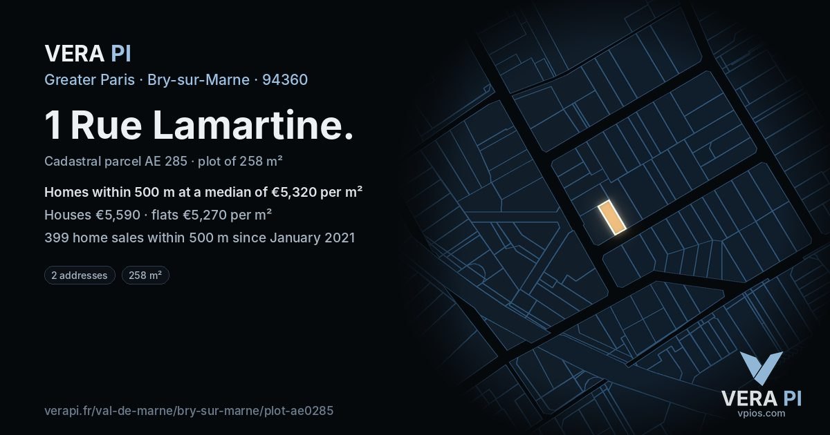 1 Rue Lamartine, Bry-sur-Marne at night – the plot lit, the parcels around coloured by the prices near them