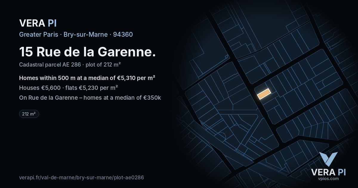 15 Rue de la Garenne, Bry-sur-Marne at night – the plot lit, the parcels around coloured by the prices near them