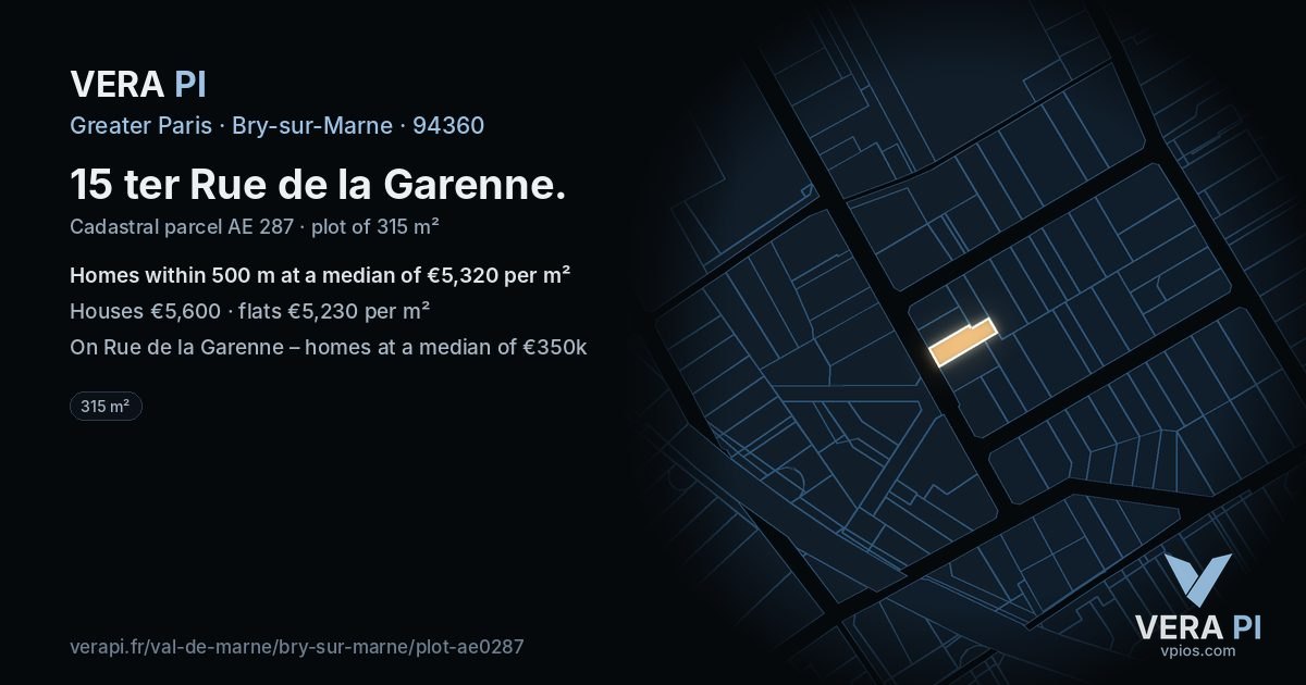 15 ter Rue de la Garenne, Bry-sur-Marne at night – the plot lit, the parcels around coloured by the prices near them