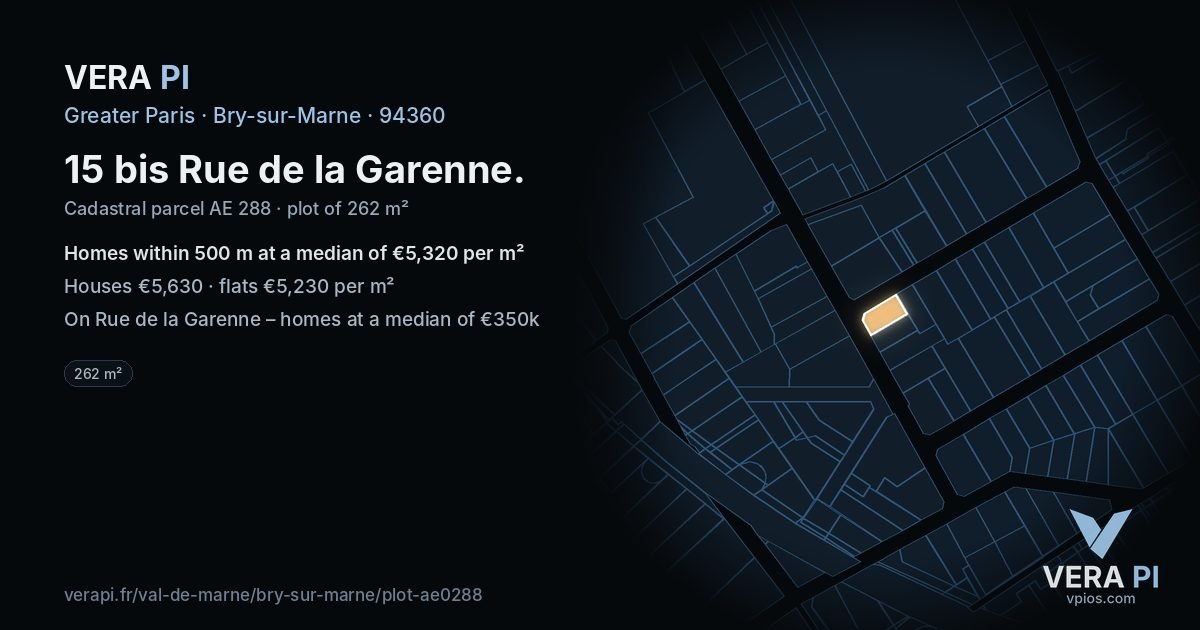 15 bis Rue de la Garenne, Bry-sur-Marne at night – the plot lit, the parcels around coloured by the prices near them