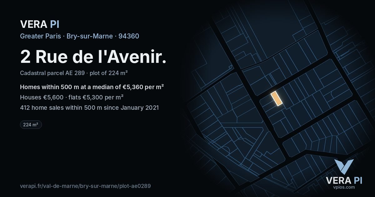 2 Rue de l'Avenir, Bry-sur-Marne at night – the plot lit, the parcels around coloured by the prices near them