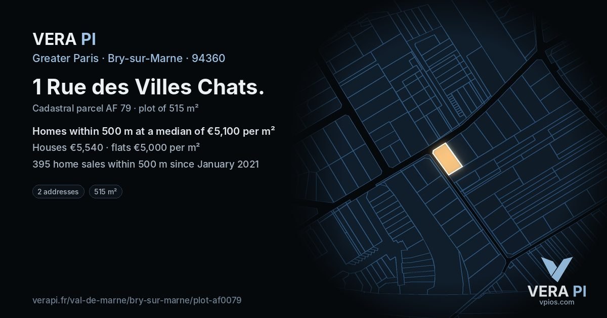 1 Rue des Villes Chats, Bry-sur-Marne at night – the plot lit, the parcels around coloured by the prices near them