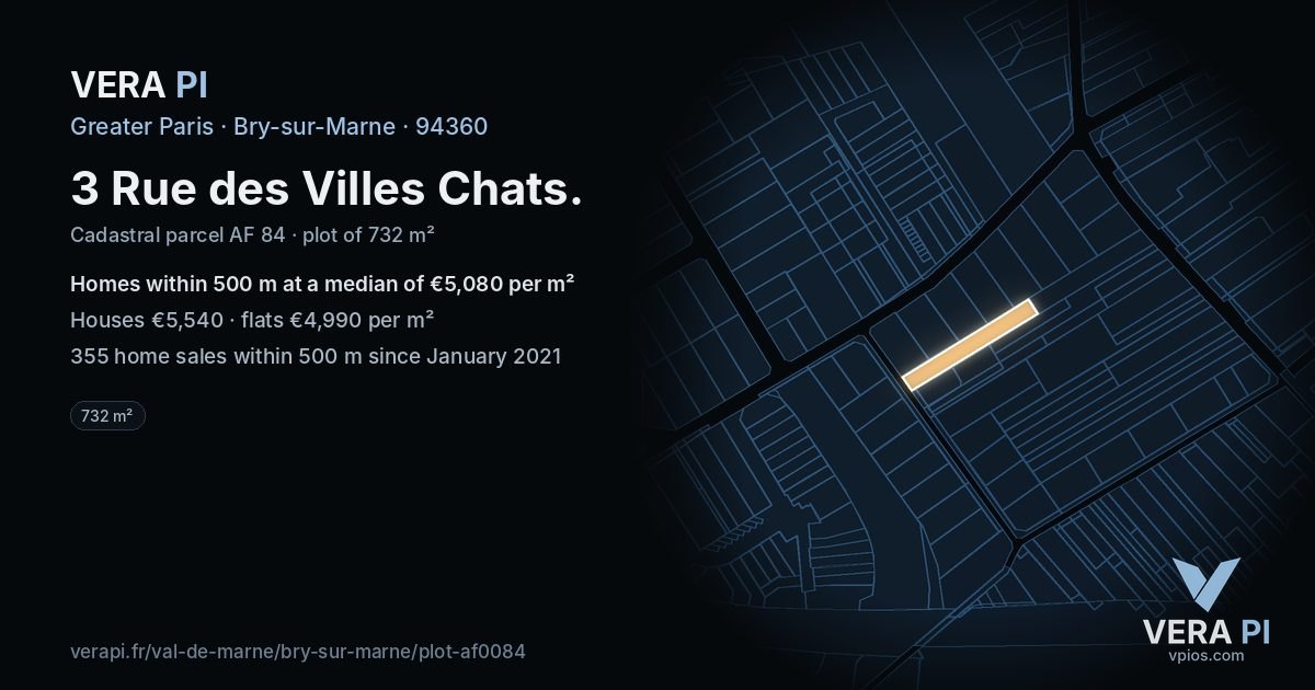 3 Rue des Villes Chats, Bry-sur-Marne at night – the plot lit, the parcels around coloured by the prices near them