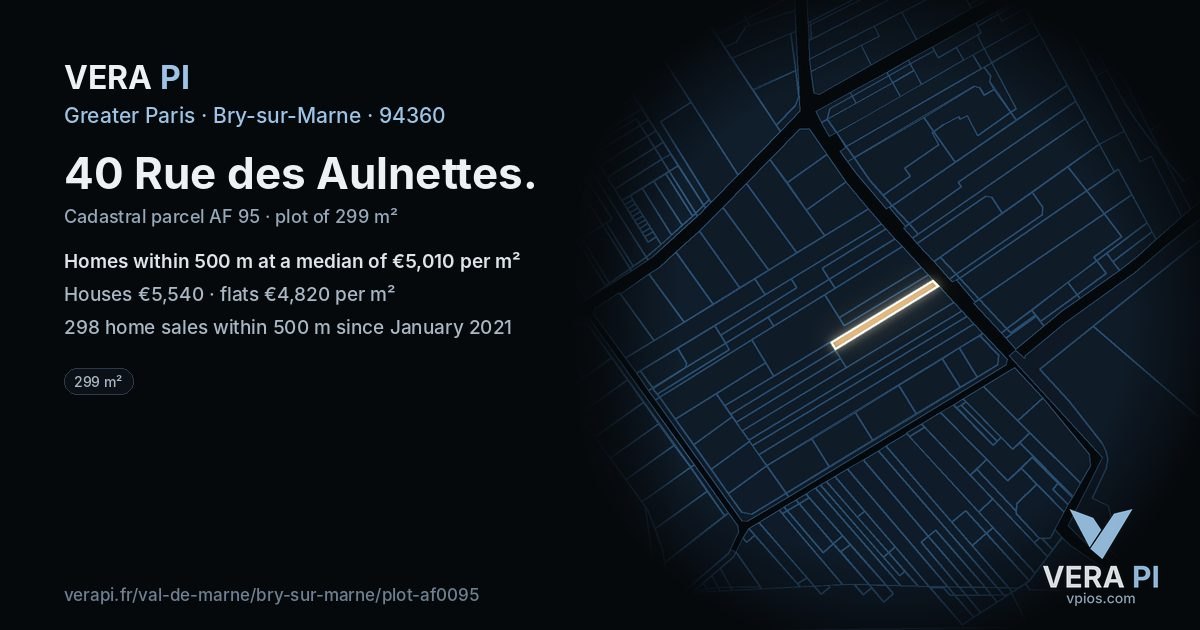 40 Rue des Aulnettes, Bry-sur-Marne at night – the plot lit, the parcels around coloured by the prices near them