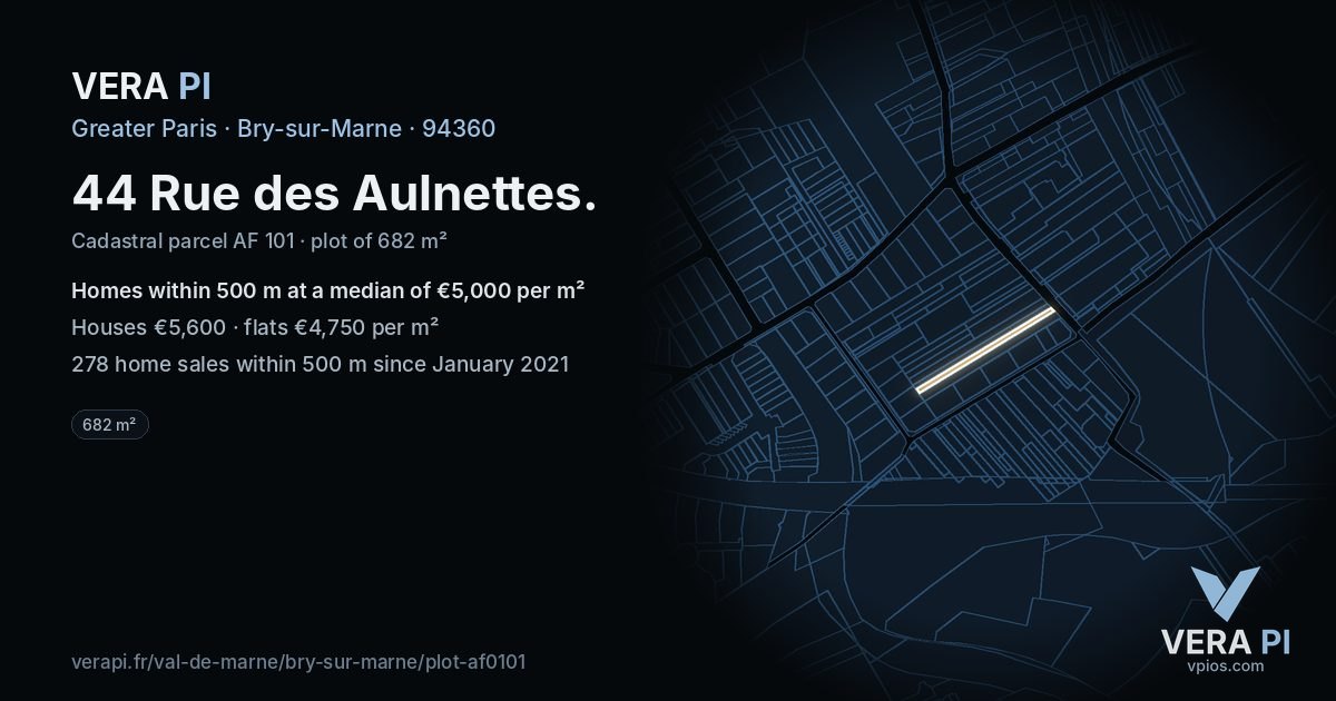 44 Rue des Aulnettes, Bry-sur-Marne at night – the plot lit, the parcels around coloured by the prices near them