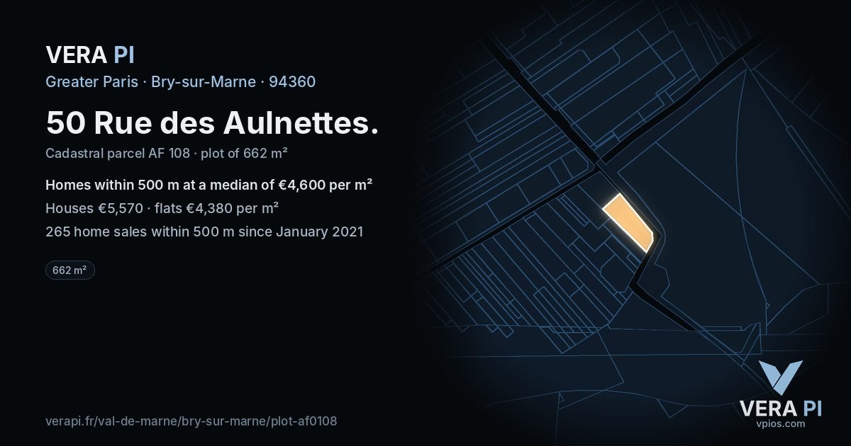 50 Rue des Aulnettes, Bry-sur-Marne at night – the plot lit, the parcels around coloured by the prices near them