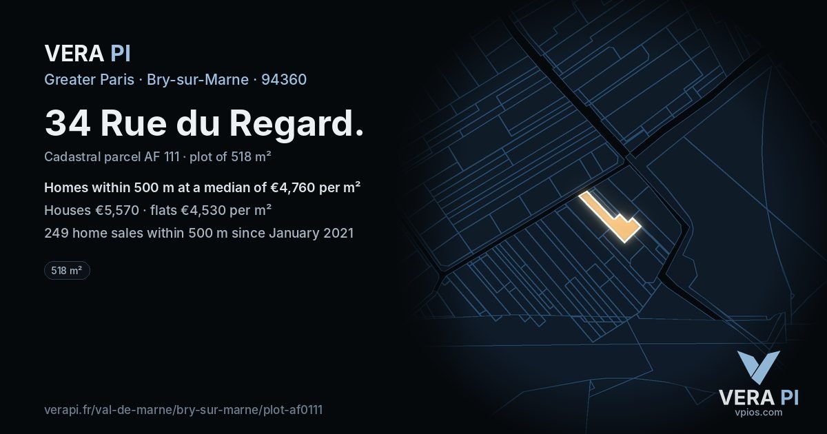 34 Rue du Regard, Bry-sur-Marne at night – the plot lit, the parcels around coloured by the prices near them