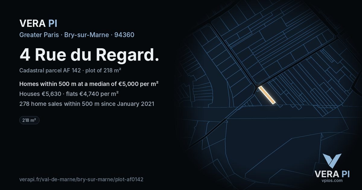 4 Rue du Regard, Bry-sur-Marne at night – the plot lit, the parcels around coloured by the prices near them