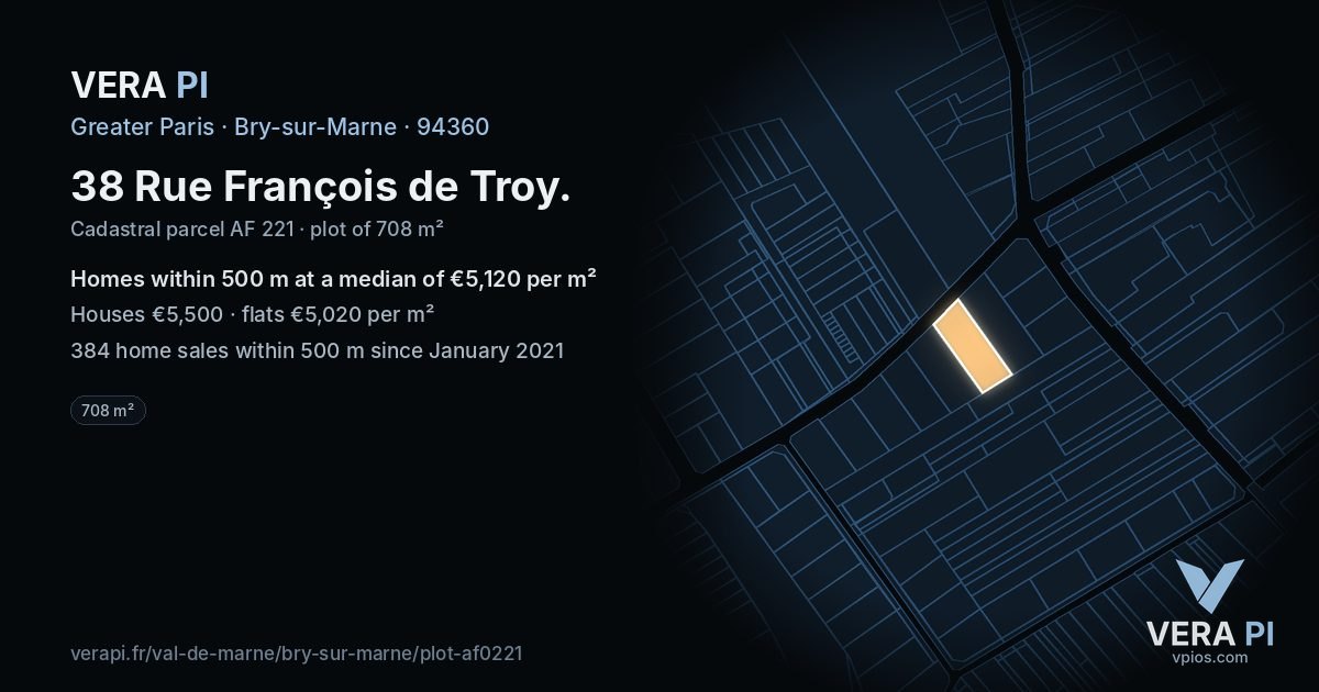 38 Rue François de Troy, Bry-sur-Marne at night – the plot lit, the parcels around coloured by the prices near them