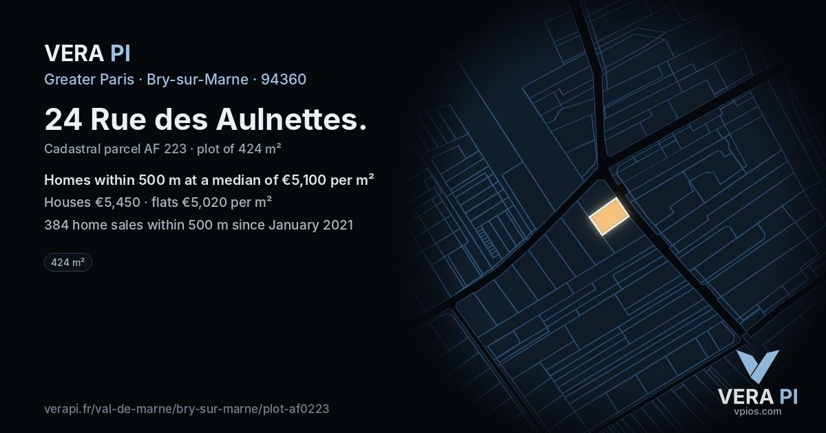 24 Rue des Aulnettes, Bry-sur-Marne at night – the plot lit, the parcels around coloured by the prices near them