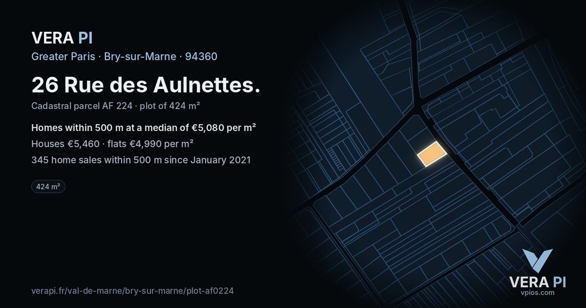 26 Rue des Aulnettes, Bry-sur-Marne at night – the plot lit, the parcels around coloured by the prices near them