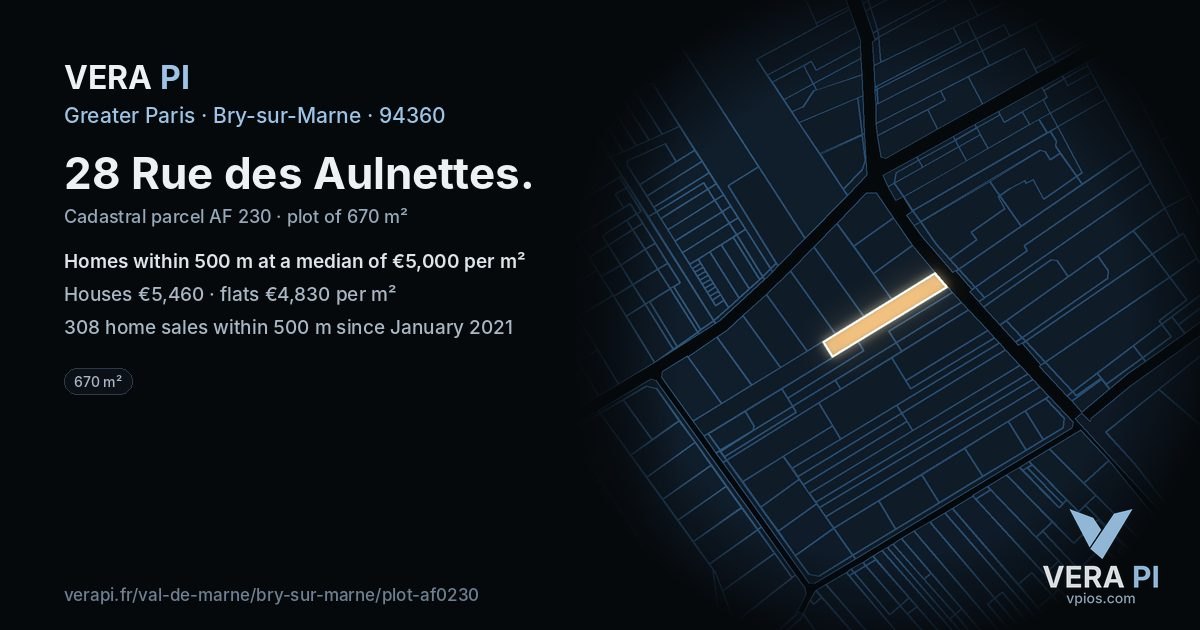 28 Rue des Aulnettes, Bry-sur-Marne at night – the plot lit, the parcels around coloured by the prices near them