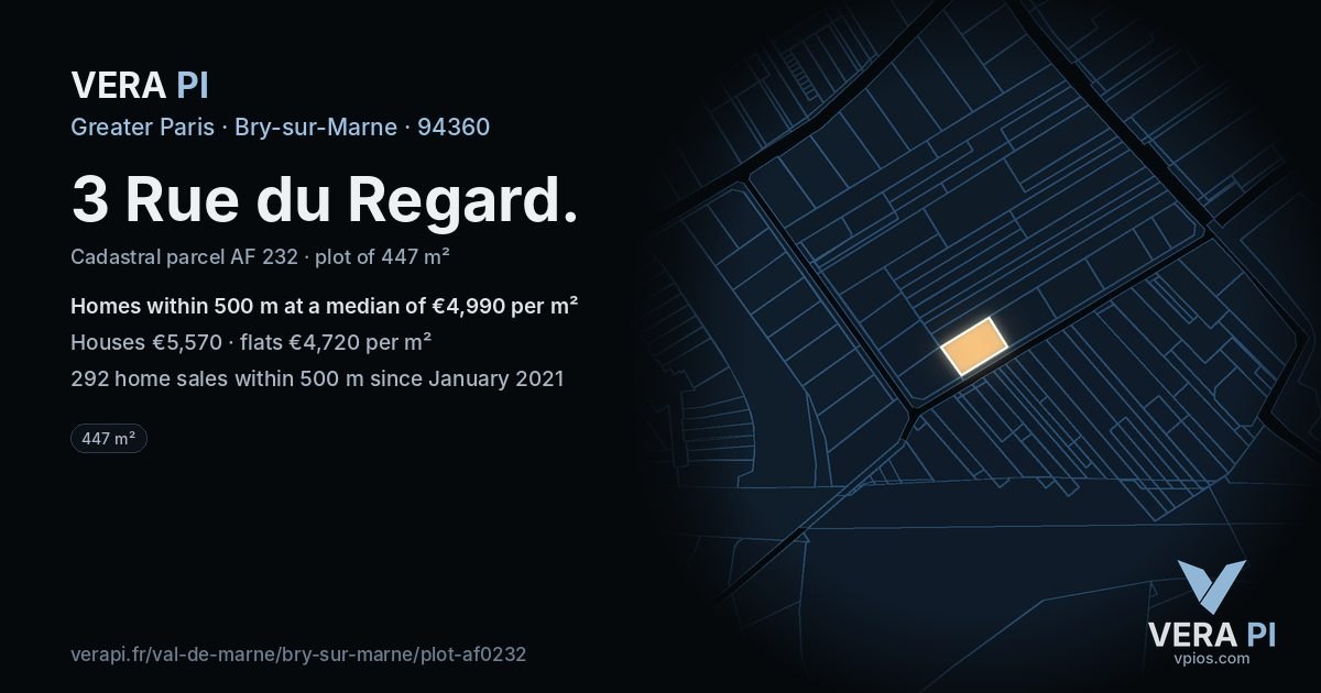 3 Rue du Regard, Bry-sur-Marne at night – the plot lit, the parcels around coloured by the prices near them
