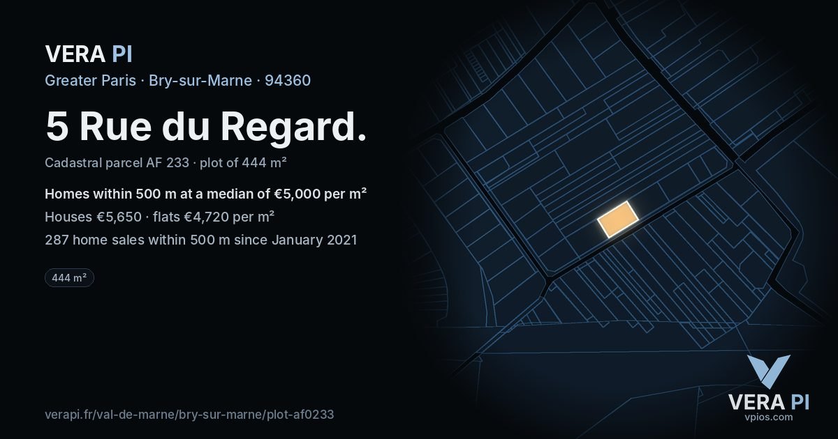 5 Rue du Regard, Bry-sur-Marne at night – the plot lit, the parcels around coloured by the prices near them