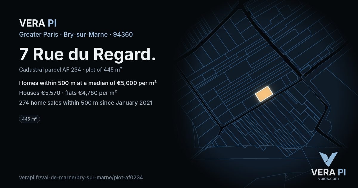 7 Rue du Regard, Bry-sur-Marne at night – the plot lit, the parcels around coloured by the prices near them