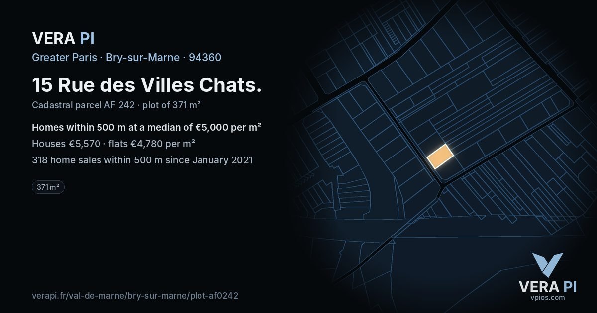 15 Rue des Villes Chats, Bry-sur-Marne at night – the plot lit, the parcels around coloured by the prices near them
