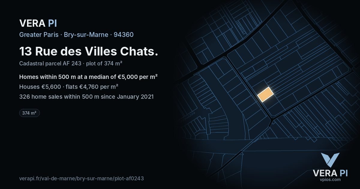 13 Rue des Villes Chats, Bry-sur-Marne at night – the plot lit, the parcels around coloured by the prices near them