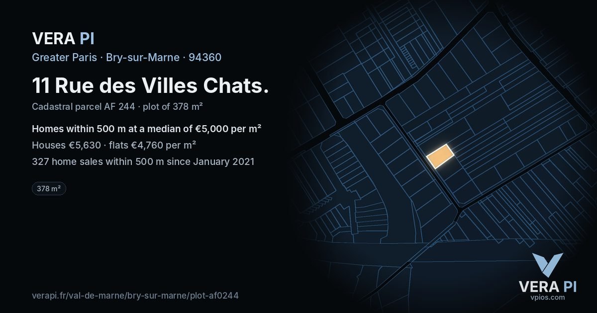 11 Rue des Villes Chats, Bry-sur-Marne at night – the plot lit, the parcels around coloured by the prices near them