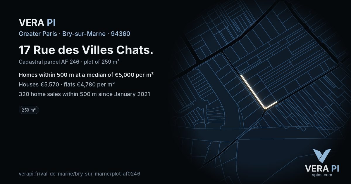 17 Rue des Villes Chats, Bry-sur-Marne at night – the plot lit, the parcels around coloured by the prices near them