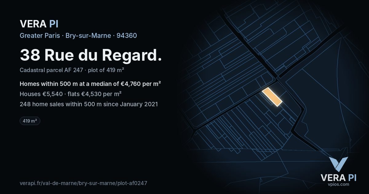 38 Rue du Regard, Bry-sur-Marne at night – the plot lit, the parcels around coloured by the prices near them