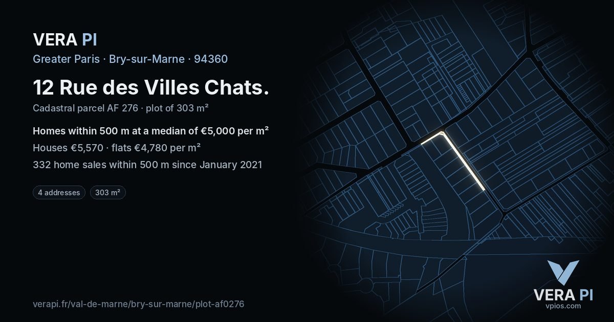 12 Rue des Villes Chats, Bry-sur-Marne at night – the plot lit, the parcels around coloured by the prices near them